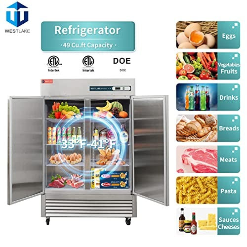 Westlake WKR-49B 54 In. Solid Door Reach-In Refrigerator, 49 Cu. Ft., 2 Doors, Stainless Steel