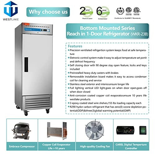 Westlake WKR-23B 27 In. Solid Door Reach-In Refrigerator, 23 Cu. Ft., 1 Door, Stainless Steel
