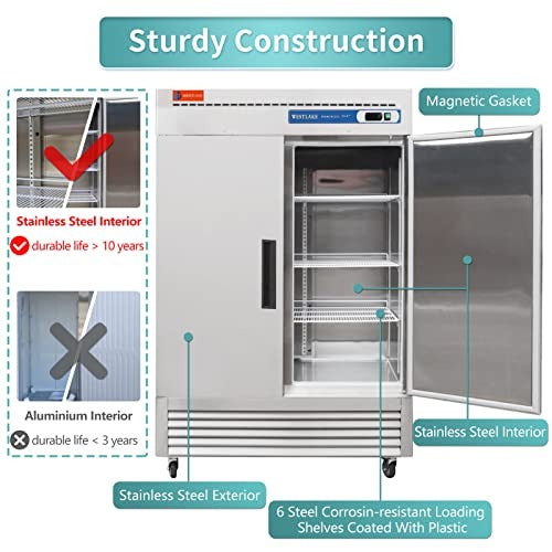 Westlake WKR-49B 54 In. Solid Door Reach-In Refrigerator, 49 Cu. Ft., 2 Doors, Stainless Steel