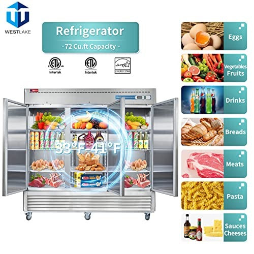 Westlake WKR-82B 82 In. Solid Door Reach-In Refrigerator, 72 Cu. Ft., 3 Doors, Stainless Steel