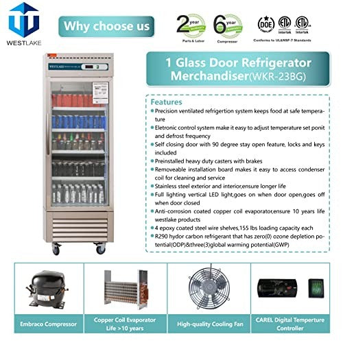 Westlake WKR-23BG 27 In. Glass Door Reach-In Refrigerator, 23 Cu. Ft., 1 Door, Stainless Steel