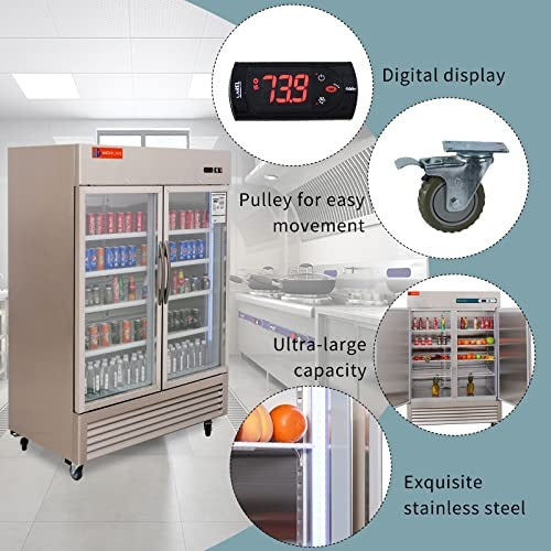 Westlake WKR-49BG 54 In. Glass Door Reach-In Refrigerator, 49 Cu. Ft., 2 Doors, Stainless Steel