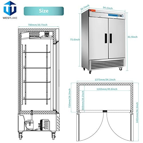 Westlake WKR-49B 54 In. Solid Door Reach-In Refrigerator, 49 Cu. Ft., 2 Doors, Stainless Steel