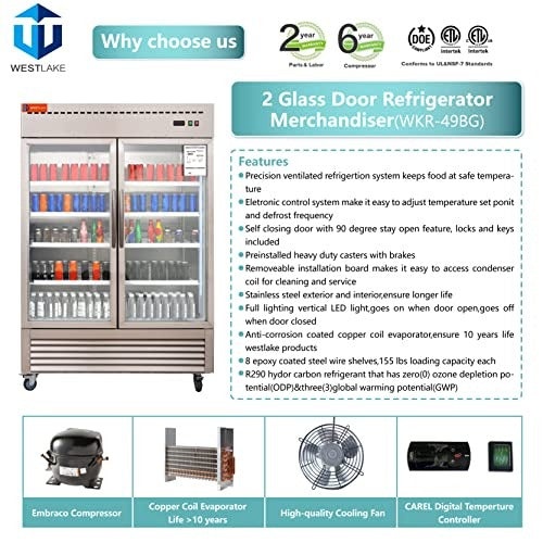 Westlake WKR-49BG 54 In. Glass Door Reach-In Refrigerator, 49 Cu. Ft., 2 Doors, Stainless Steel