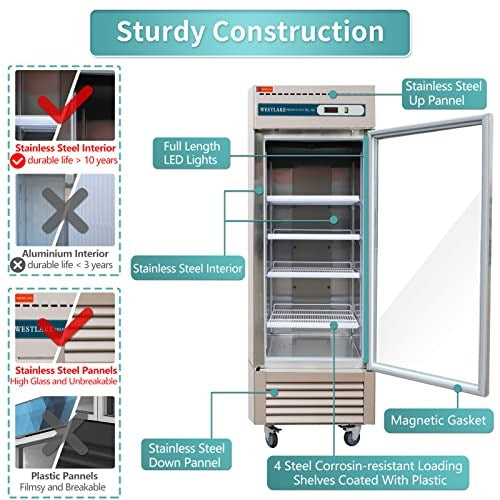 Westlake WKR-23BG 27 In. Glass Door Reach-In Refrigerator, 23 Cu. Ft., 1 Door, Stainless Steel