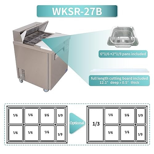 Westlake WKSR-27B 28 In. Sandwich and Salad Prep Table, 1 Door, 8 Pans, Stainless Steel