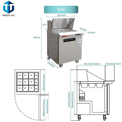 Westlake WKSR-27BM 28 In. Mega Top Sandwich and Salad Prep Table, 1 Door, 12 Pans, Stainless Steel