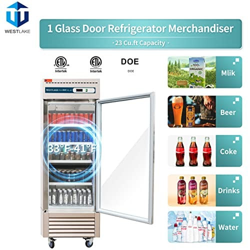 Westlake WKR-23BG 27 In. Glass Door Reach-In Refrigerator, 23 Cu. Ft., 1 Door, Stainless Steel