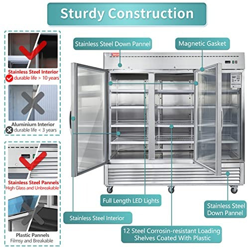 Westlake WKR-82BG 82 In. Glass Door Reach-In Refrigerator, 72 Cu. Ft., 3 Doors, Stainless Steel
