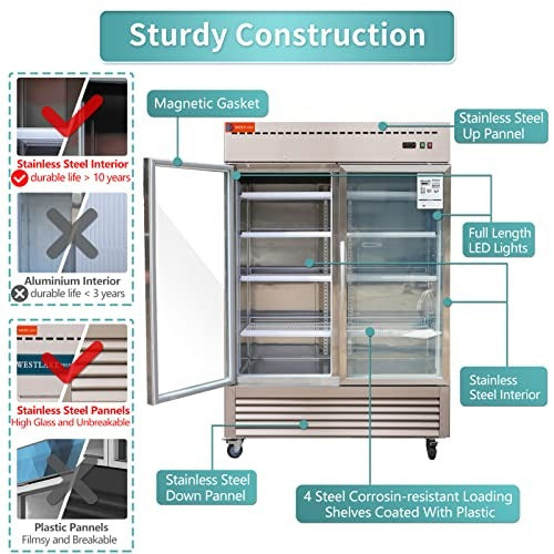 Westlake WKR-49BG 54 In. Glass Door Reach-In Refrigerator, 49 Cu. Ft., 2 Doors, Stainless Steel