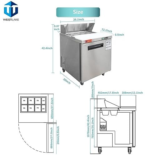 Westlake WKSR-27B 28 In. Sandwich and Salad Prep Table, 1 Door, 8 Pans, Stainless Steel