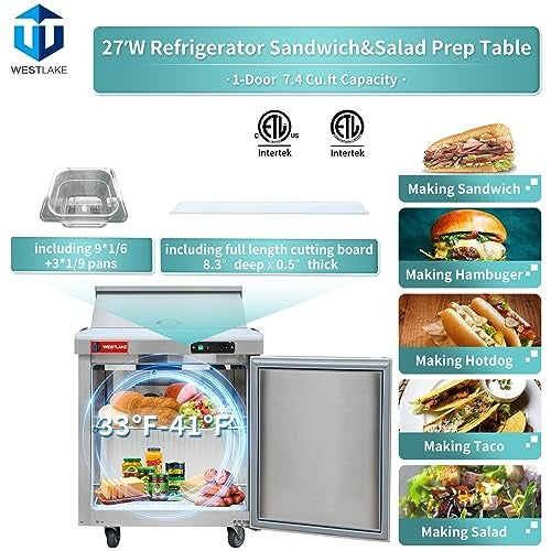 Westlake WKSR-27BM 28 In. Mega Top Sandwich and Salad Prep Table, 1 Door, 12 Pans, Stainless Steel
