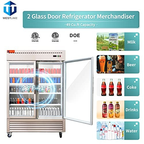 Westlake WKR-49BG 54 In. Glass Door Reach-In Refrigerator, 49 Cu. Ft., 2 Doors, Stainless Steel