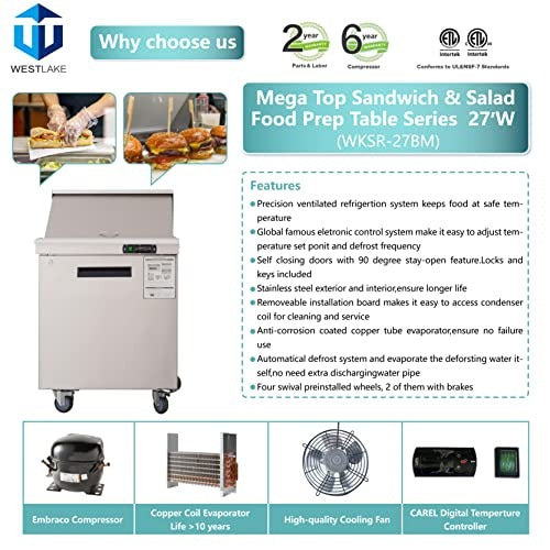 Westlake WKSR-27BM 28 In. Mega Top Sandwich and Salad Prep Table, 1 Door, 12 Pans, Stainless Steel