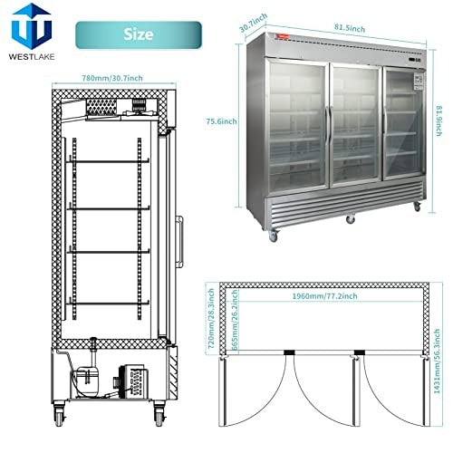 Westlake WKR-82BG 82 In. Glass Door Reach-In Refrigerator, 72 Cu. Ft., 3 Doors, Stainless Steel