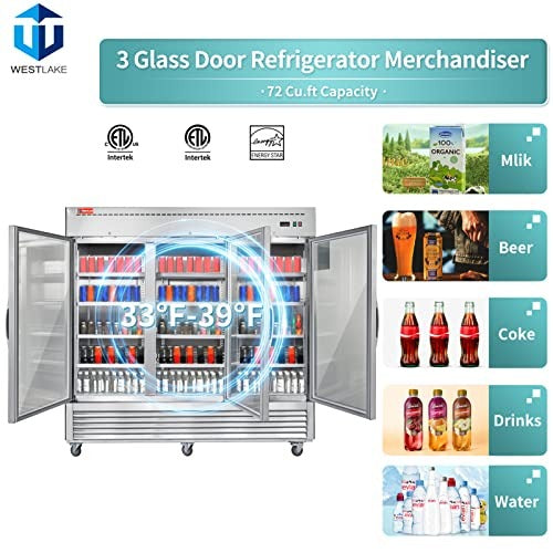 Westlake WKR-82BG 82 In. Glass Door Reach-In Refrigerator, 72 Cu. Ft., 3 Doors, Stainless Steel