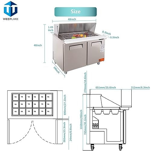 Westlake WKSR-48BM 48 In. Mega Top Sandwich and Salad Prep Table, 2 Doors, 18 Pans, Stainless Steel