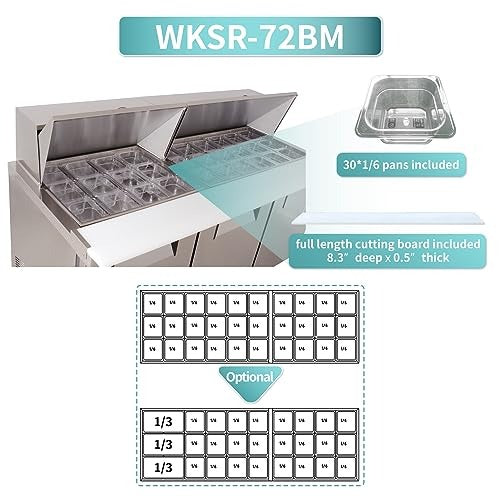 Westlake WKSR-72BM 72 In. Mega Top Sandwich and Salad Prep Table, 3 Doors, 30 Pans, Stainless Steel