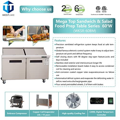 Westlake WKSR-60BM 60 In. Mega Top Sandwich and Salad Prep Table, 2 Doors, 24 Pans, Stainless Steel