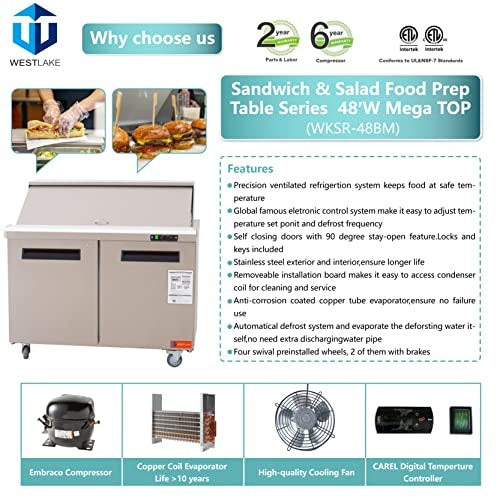 Westlake WKSR-48BM 48 In. Mega Top Sandwich and Salad Prep Table, 2 Doors, 18 Pans, Stainless Steel