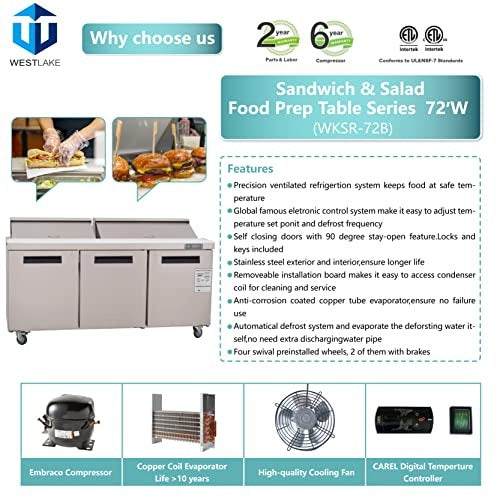 Westlake WKSR-72B 72 In. Sandwich and Salad Prep Table, 3 Doors, 18 Pans, Stainless Steel