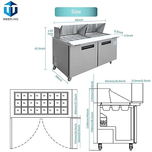 Westlake WKSR-60BM 60 In. Mega Top Sandwich and Salad Prep Table, 2 Doors, 24 Pans, Stainless Steel