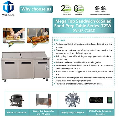 Westlake WKSR-72BM 72 In. Mega Top Sandwich and Salad Prep Table, 3 Doors, 30 Pans, Stainless Steel