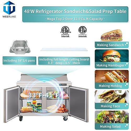 Westlake WKSR-48BM 48 In. Mega Top Sandwich and Salad Prep Table, 2 Doors, 18 Pans, Stainless Steel