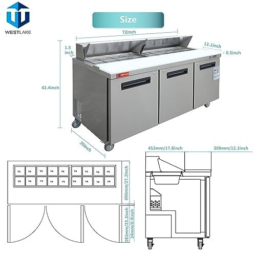 Westlake WKSR-72B 72 In. Sandwich and Salad Prep Table, 3 Doors, 18 Pans, Stainless Steel