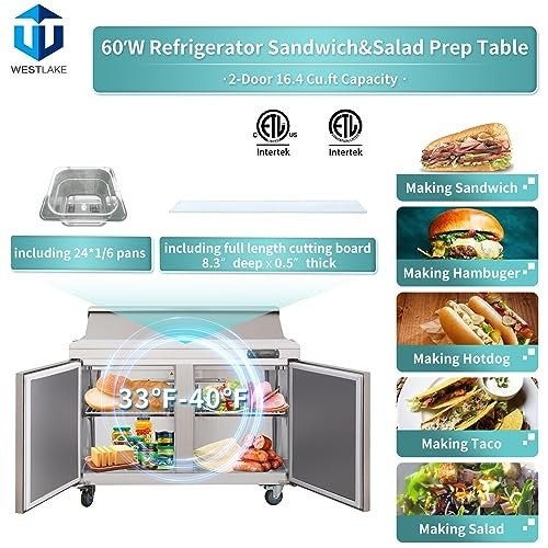Westlake WKSR-60BM 60 In. Mega Top Sandwich and Salad Prep Table, 2 Doors, 24 Pans, Stainless Steel