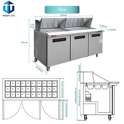 Westlake WKSR-72BM 72 In. Mega Top Sandwich and Salad Prep Table, 3 Doors, 30 Pans, Stainless Steel