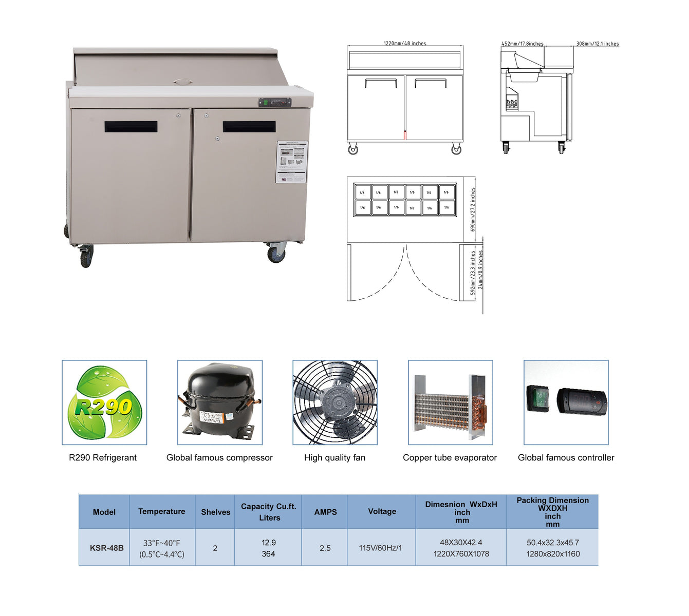Westlake WKSR-48B 48 In. Sandwich and Salad Prep Table, 2 Doors, 12 Pans, Stainless Steel