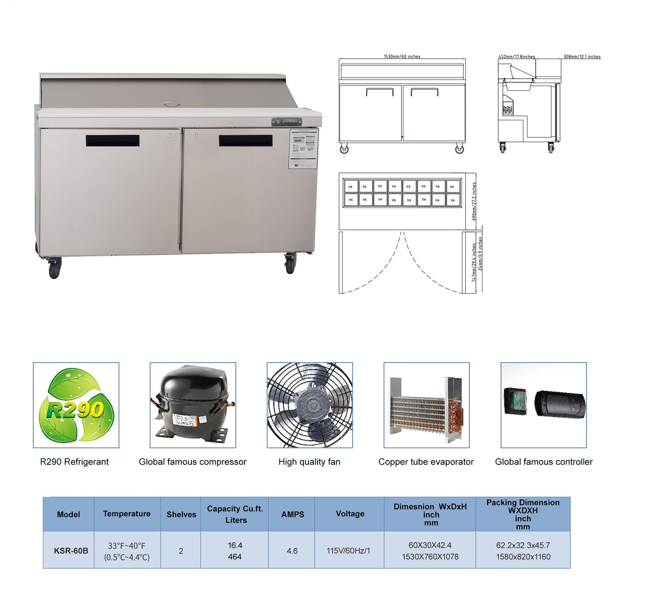 Westlake WKSR-60B 60 In. Sandwich and Salad Prep Table, 2 Doors, 16 Pans, Stainless Steel