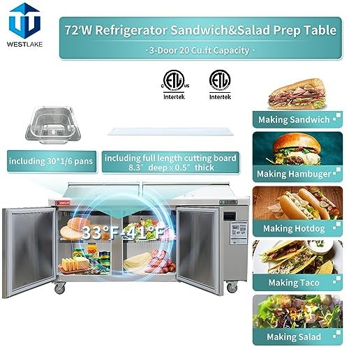 Westlake WKSR-72BM 72 In. Mega Top Sandwich and Salad Prep Table, 3 Doors, 30 Pans, Stainless Steel