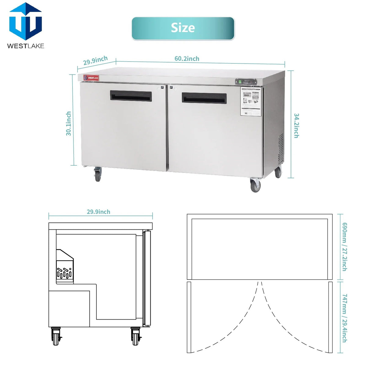 Westlake WKTF-60B 60 In. Undercounter Freezer, 2 Doors, 14.8 Cu. Ft., Stainless Steel