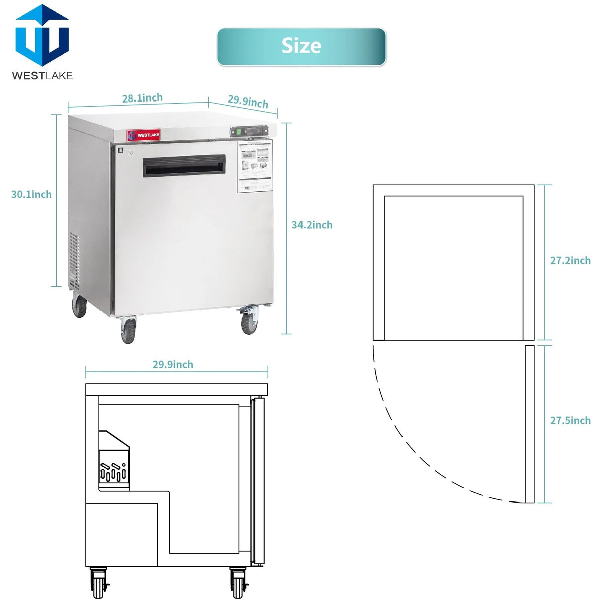Westlake WKTR-27B 28 In. Undercounter Refrigerator, 1 Door, 6.3 Cu. Ft., Stainless Steel