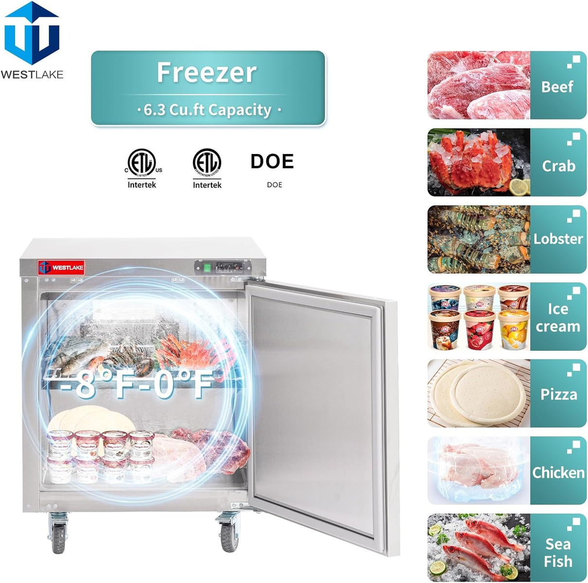 Westlake WKTF-27B 28 In. Undercounter Freezer, 1 Door, 6.4 Cu. Ft., Stainless Steel