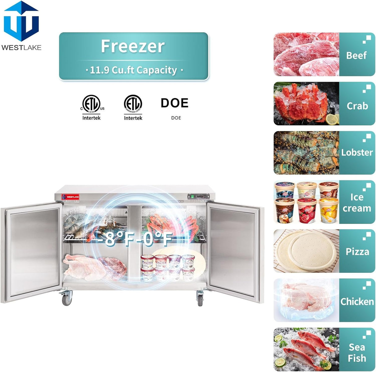 Westlake WKTF-48B 48 In. Undercounter Freezer, 2 Doors, 12 Cu. Ft., Stainless Steel