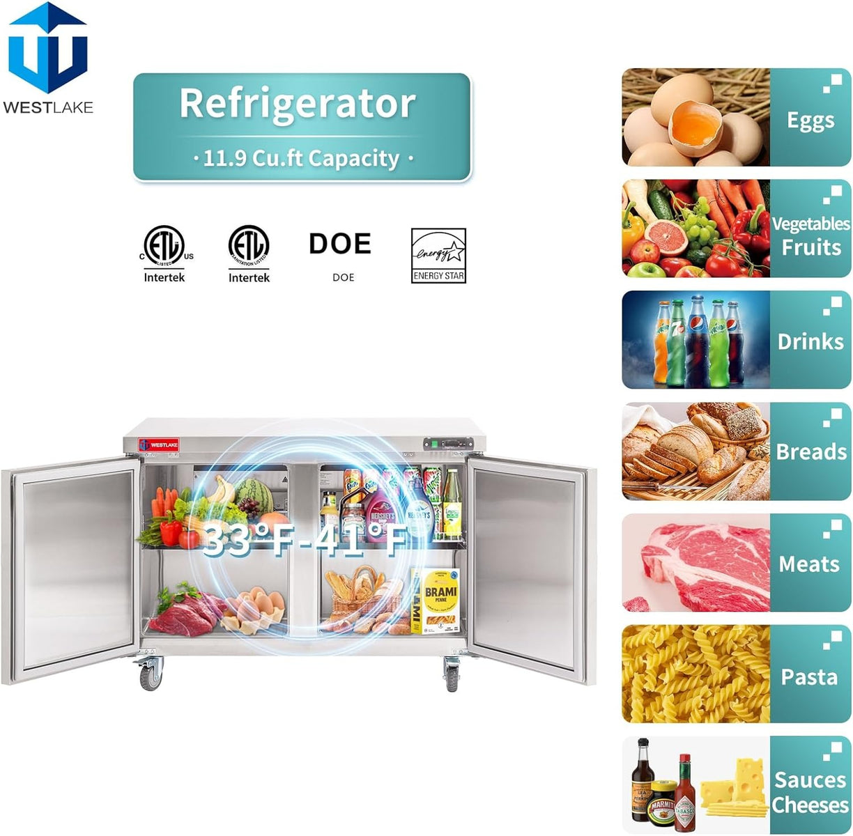 Westlake WKTR-48B 48 In. Undercounter Refrigerator, 2 Doors, 12 Cu. Ft., Stainless Steel