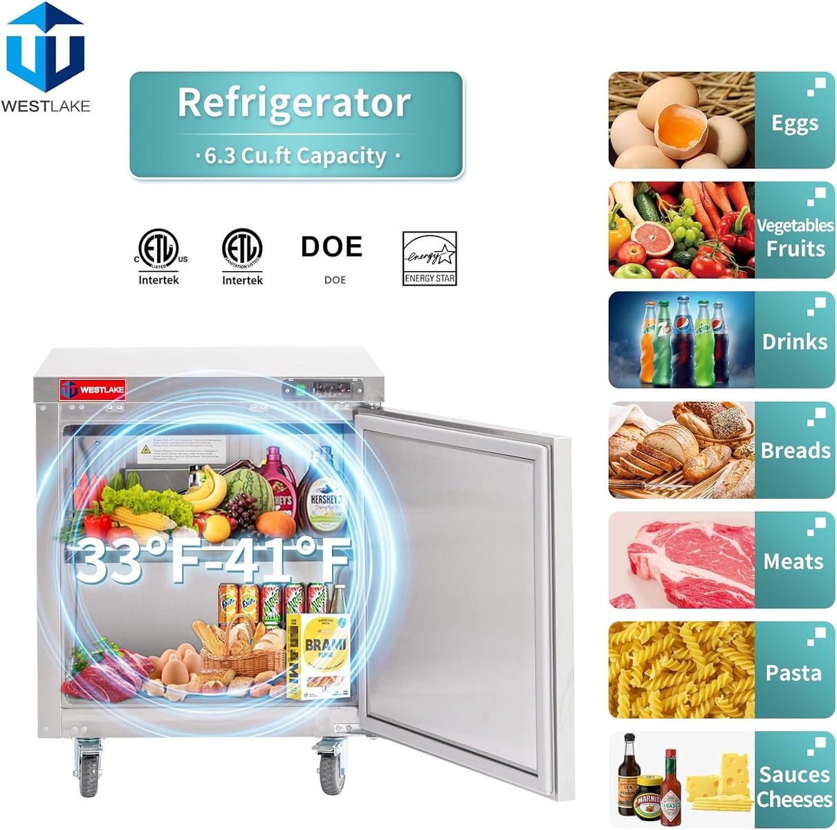 Westlake WKTR-27B 28 In. Undercounter Refrigerator, 1 Door, 6.3 Cu. Ft., Stainless Steel