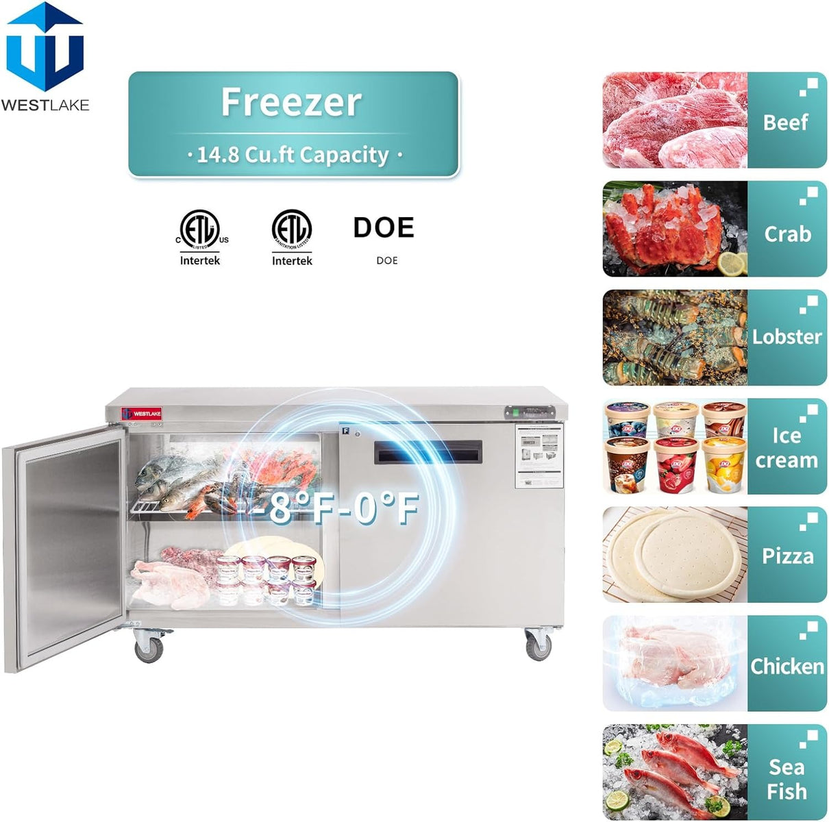 Westlake WKTF-60B 60 In. Undercounter Freezer, 2 Doors, 14.8 Cu. Ft., Stainless Steel