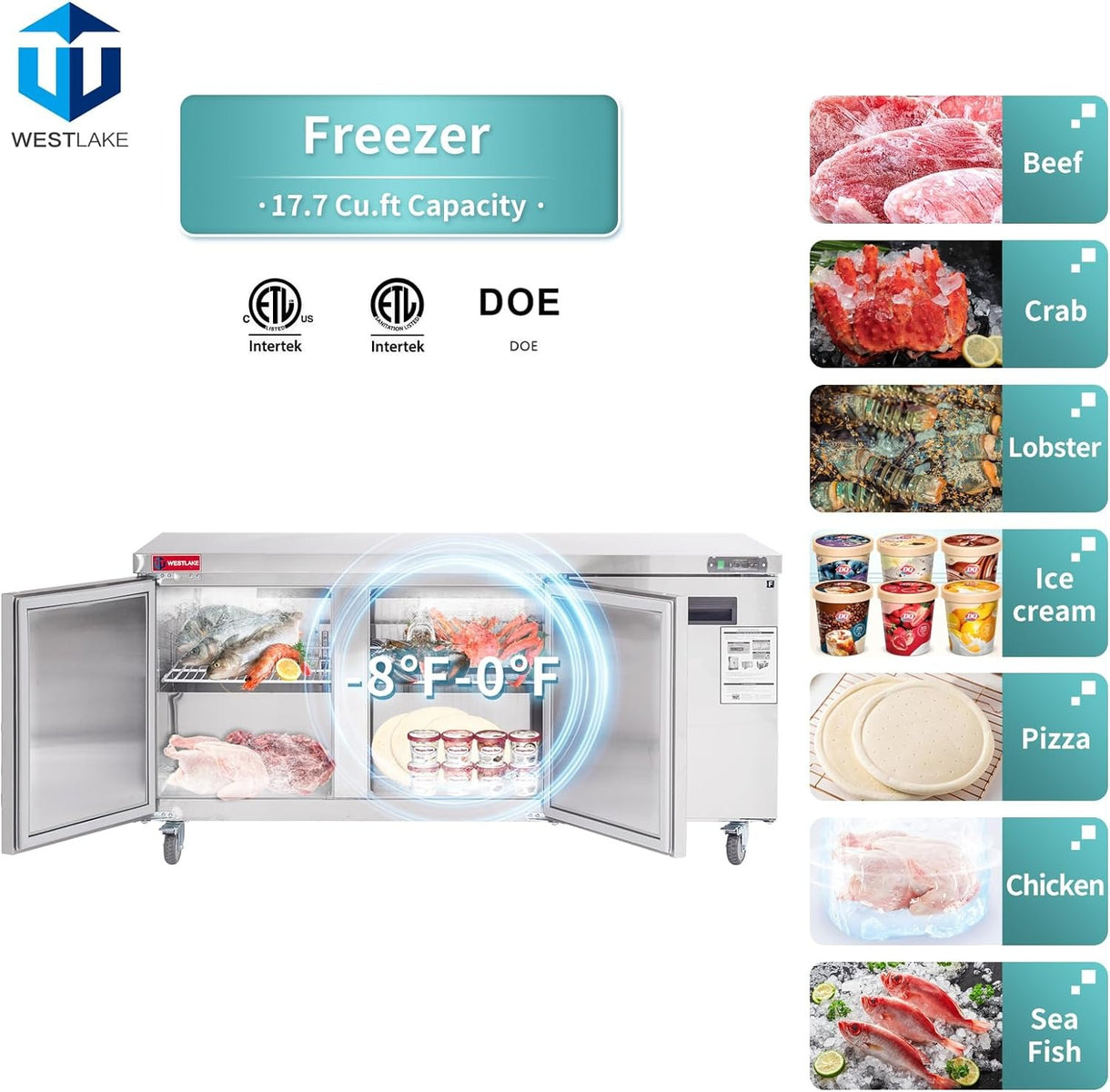 Westlake WKTF-72B 72 In. Undercounter Freezer, 3 Doors, 17.7 Cu. Ft., Stainless Steel