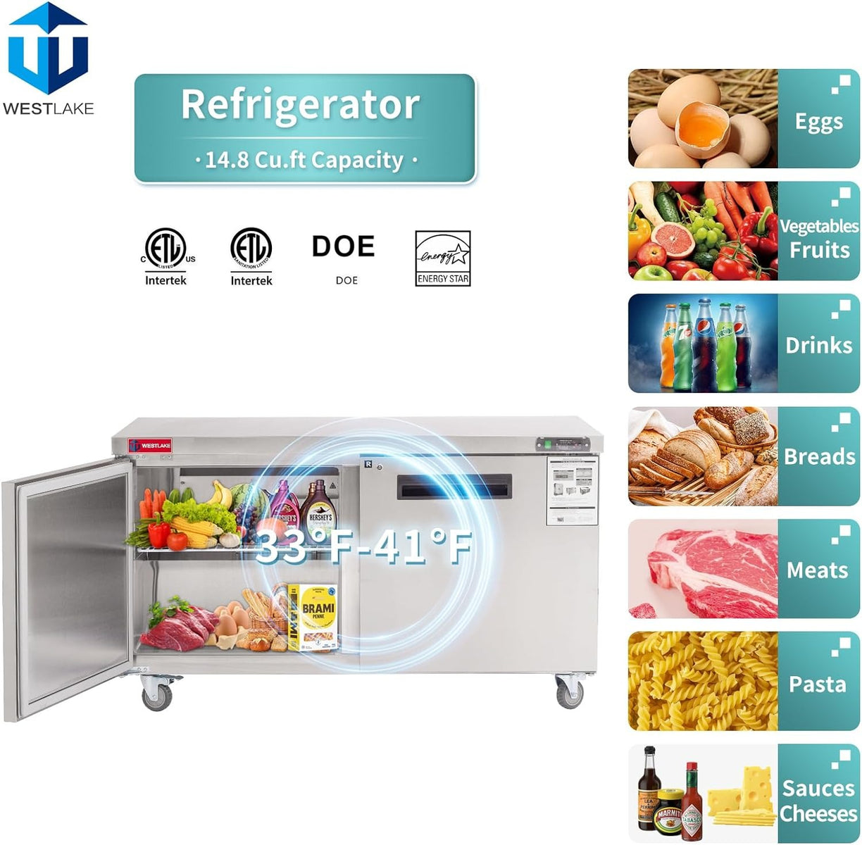 Westlake WKTR-60B 60 In. Undercounter Refrigerator, 2 Doors, 14.8 Cu. Ft., Stainless Steel