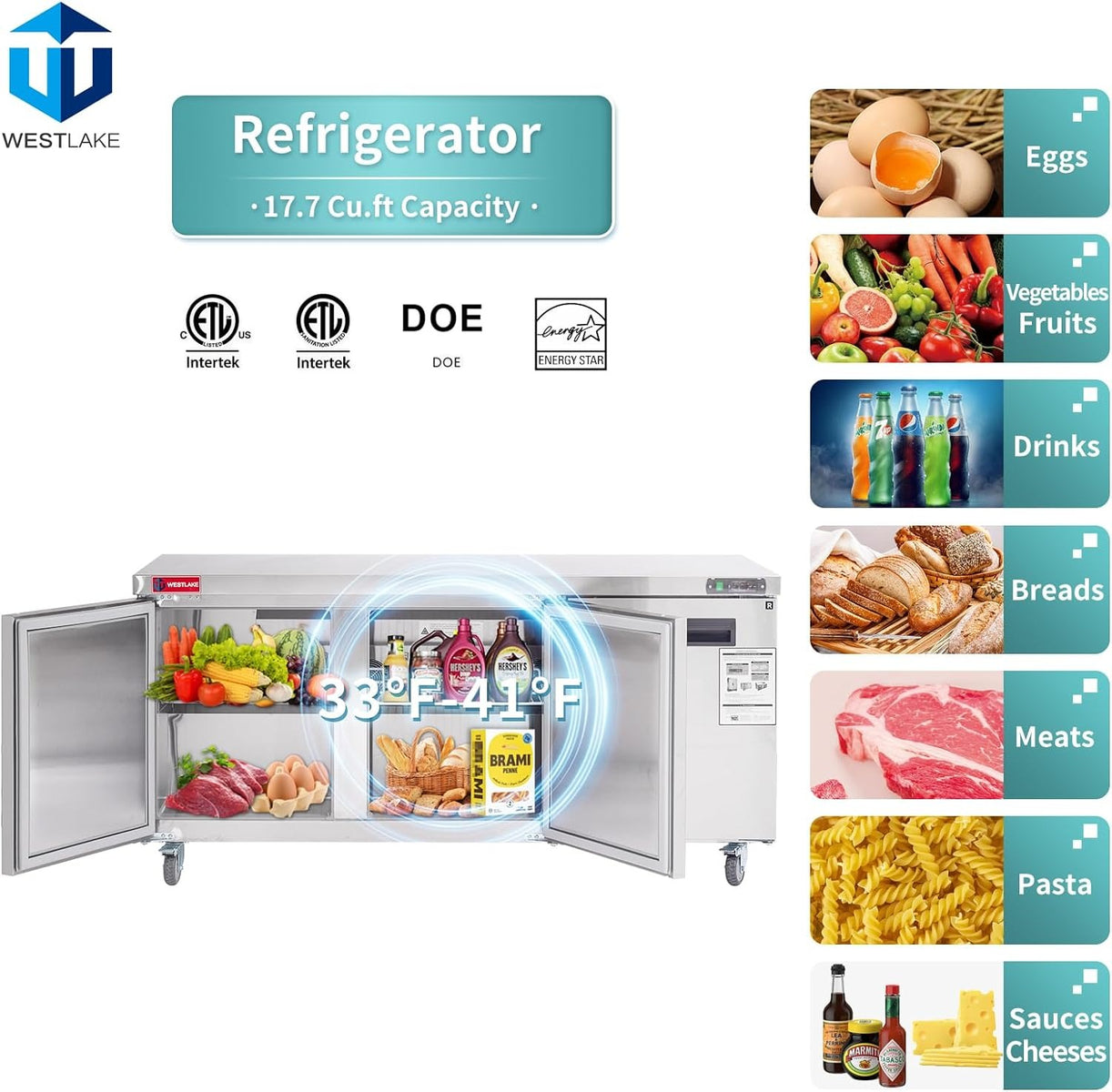 Westlake WKTR-72B 72 In. Undercounter Refrigerator, 3 Doors, 17.7 Cu. Ft., Stainless Steel