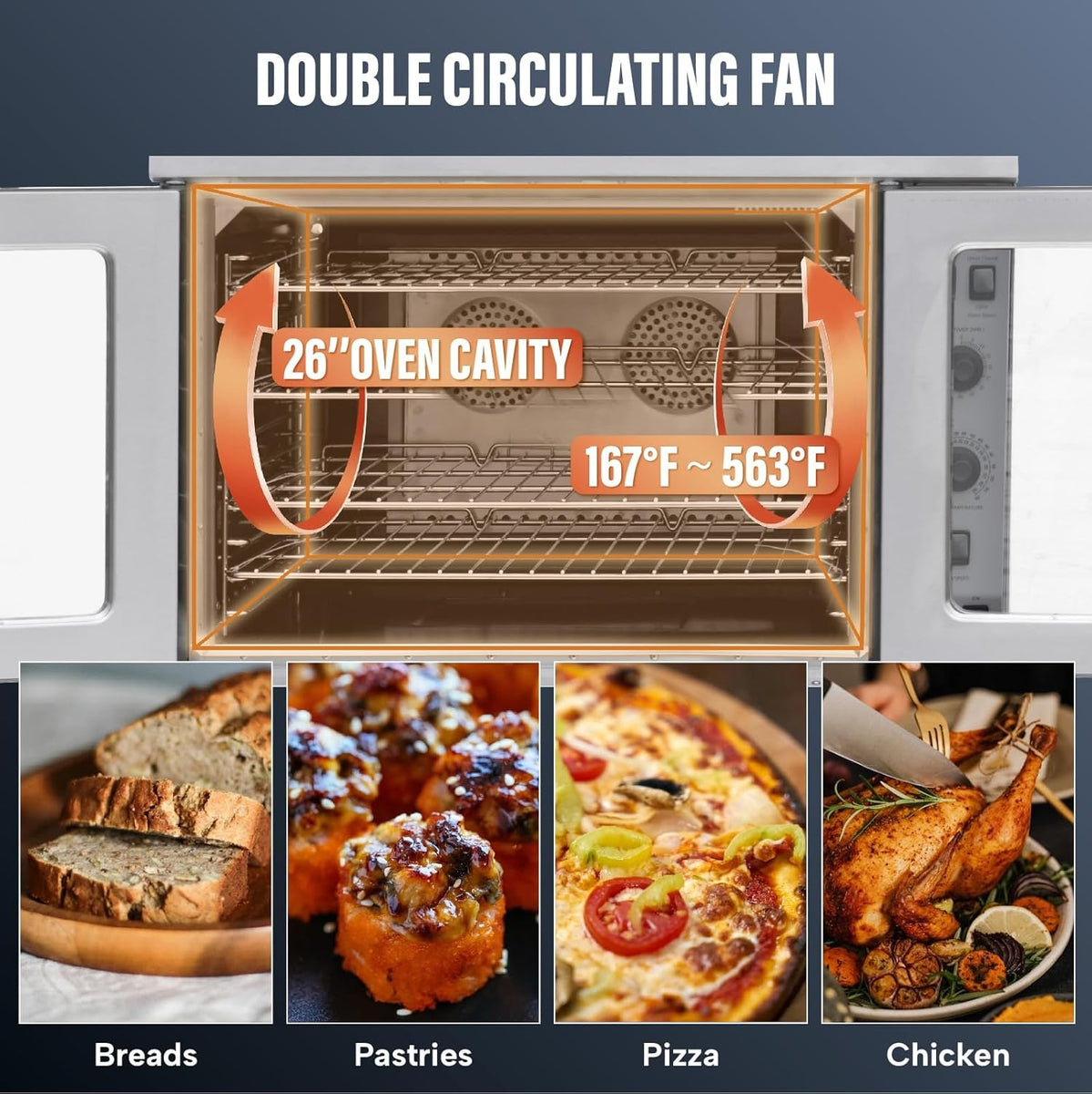 Westlake GCO613S 39 In. Double Stack Natural Gas Convection Oven, 120,000 BTU, Double Circulating Fans, Dual Pane Glass Windows