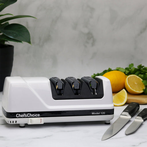 Chef's Choice 120 3 - Stage Professional Electric Knife Sharpener for 20 Degree Straight Edge and Serrated Knives, in White (0120000) - TheChefStore.Com