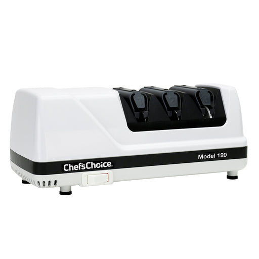 Chef's Choice 120 3 - Stage Professional Electric Knife Sharpener for 20 Degree Straight Edge and Serrated Knives, in White (0120000) - TheChefStore.Com