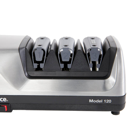 Chef's Choice 120 Professional Electric Knife Sharpener for Staright Edge and Serrated Knives, 3 Stage, in Brushed Metal (0120108) - TheChefStore.Com