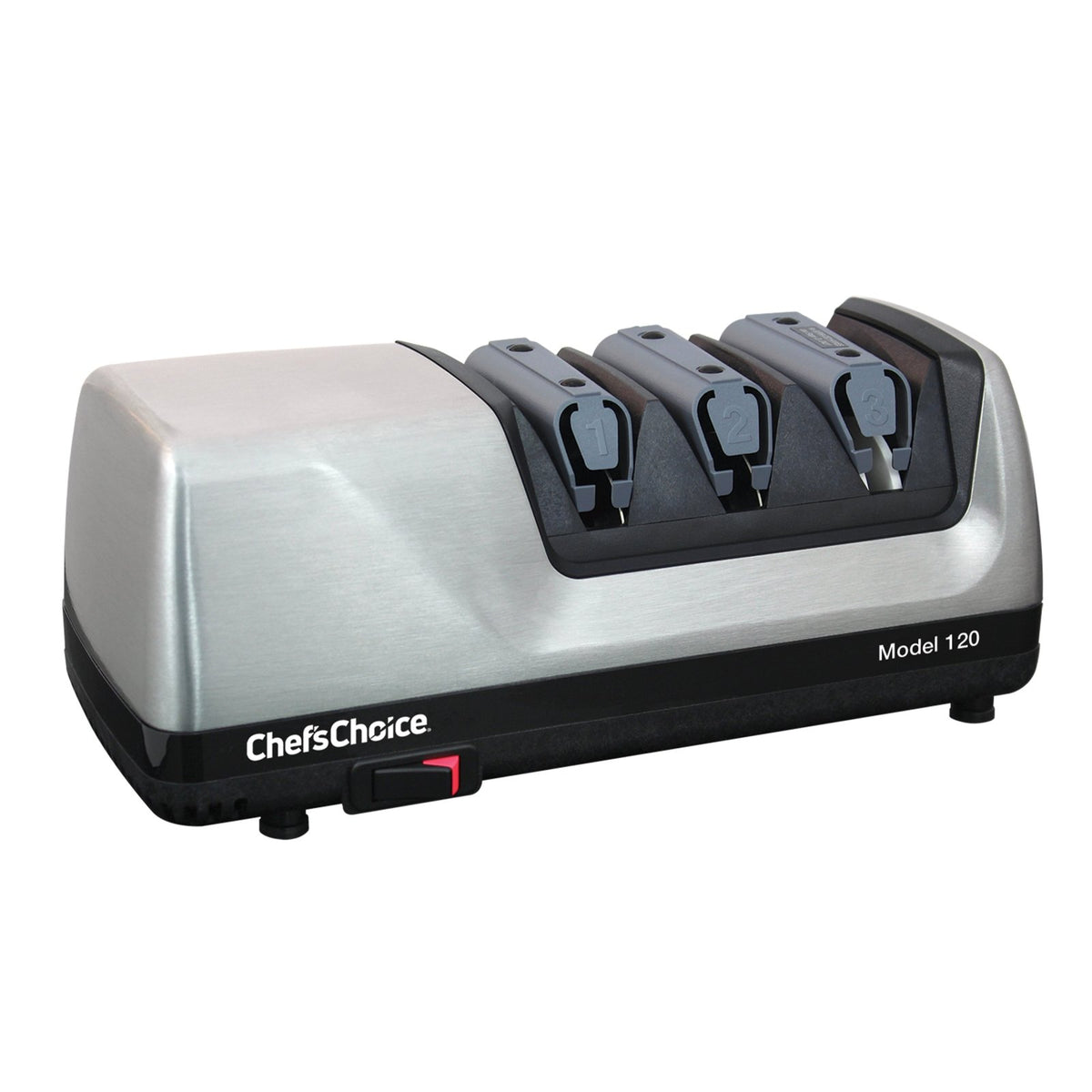 Chef's Choice 120 Professional Electric Knife Sharpener for Staright Edge and Serrated Knives, 3 Stage, in Brushed Metal (0120108) - TheChefStore.Com