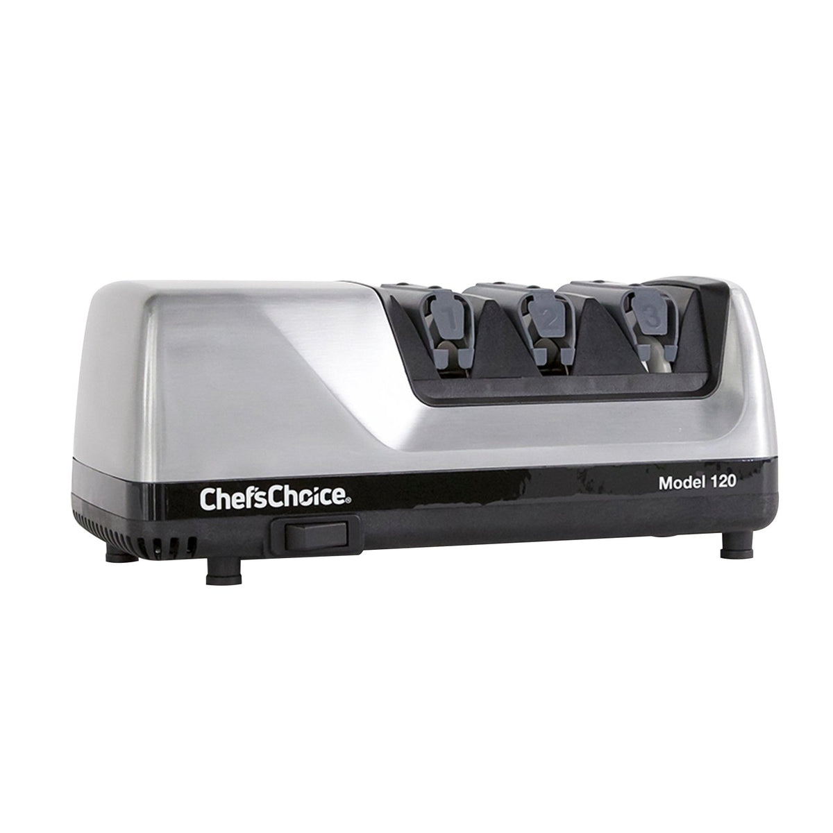 Chef's Choice 120 Professional Electric Knife Sharpener for Staright Edge and Serrated Knives, 3 Stage, in Brushed Metal (0120108) - TheChefStore.Com